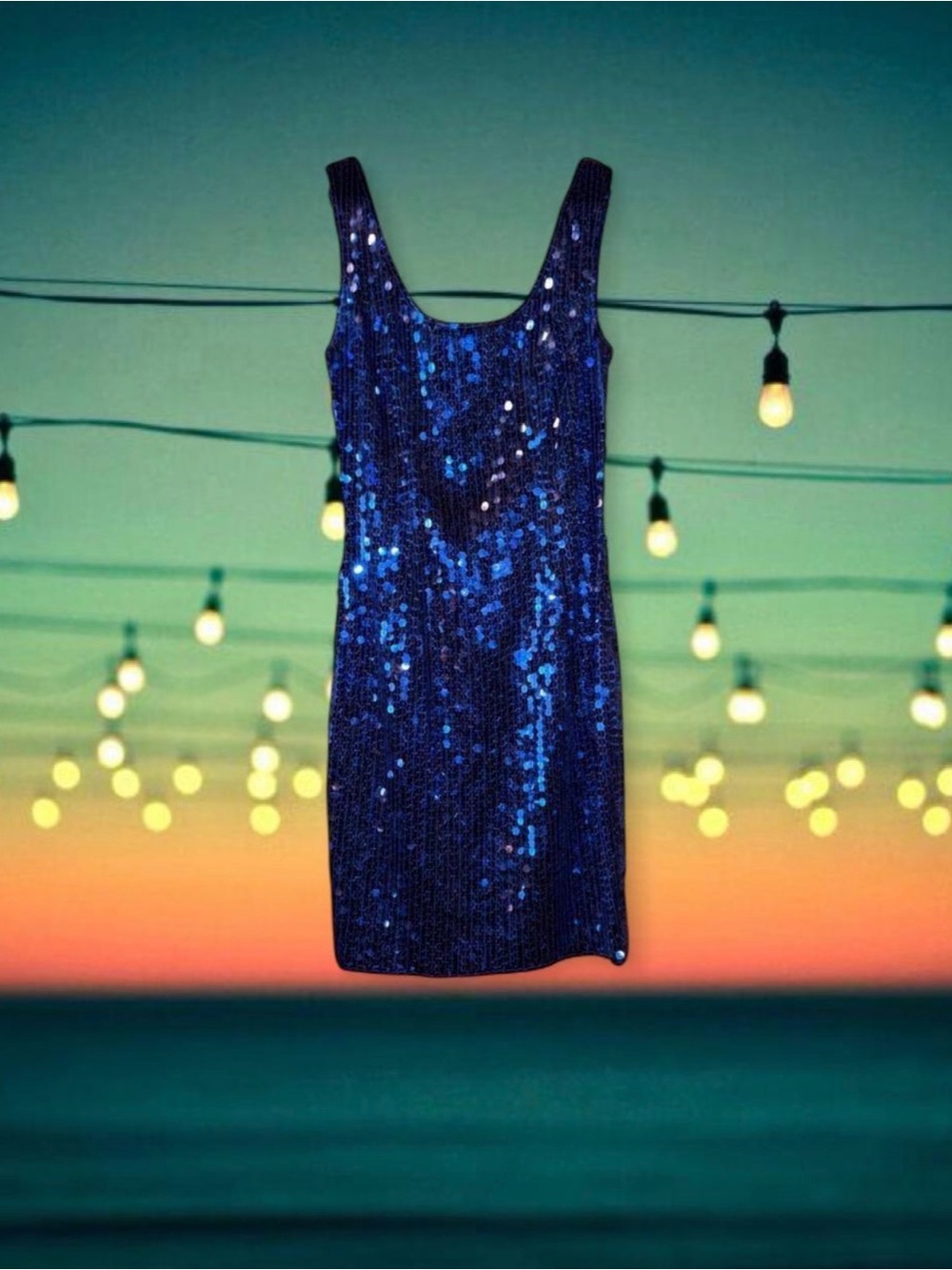 Vintage 90s Niteline Della Roufogali Blue Sequin Mini Dress + Scarf Sz 4